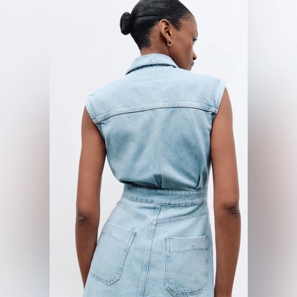 NWT ZARA SLEEVELESS  DENIM MINI DRESS - Mid-blue SZ L - Picture 2 of 5